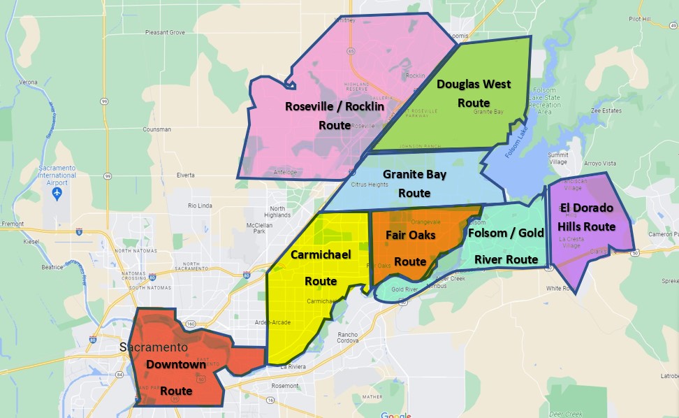 Judi's Cleaners route map of the Sacramento area